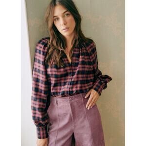 NWT Sezane Lealys Linen Button Down Top In Carreaux Pink Red Navy Plaid Sz 42 10